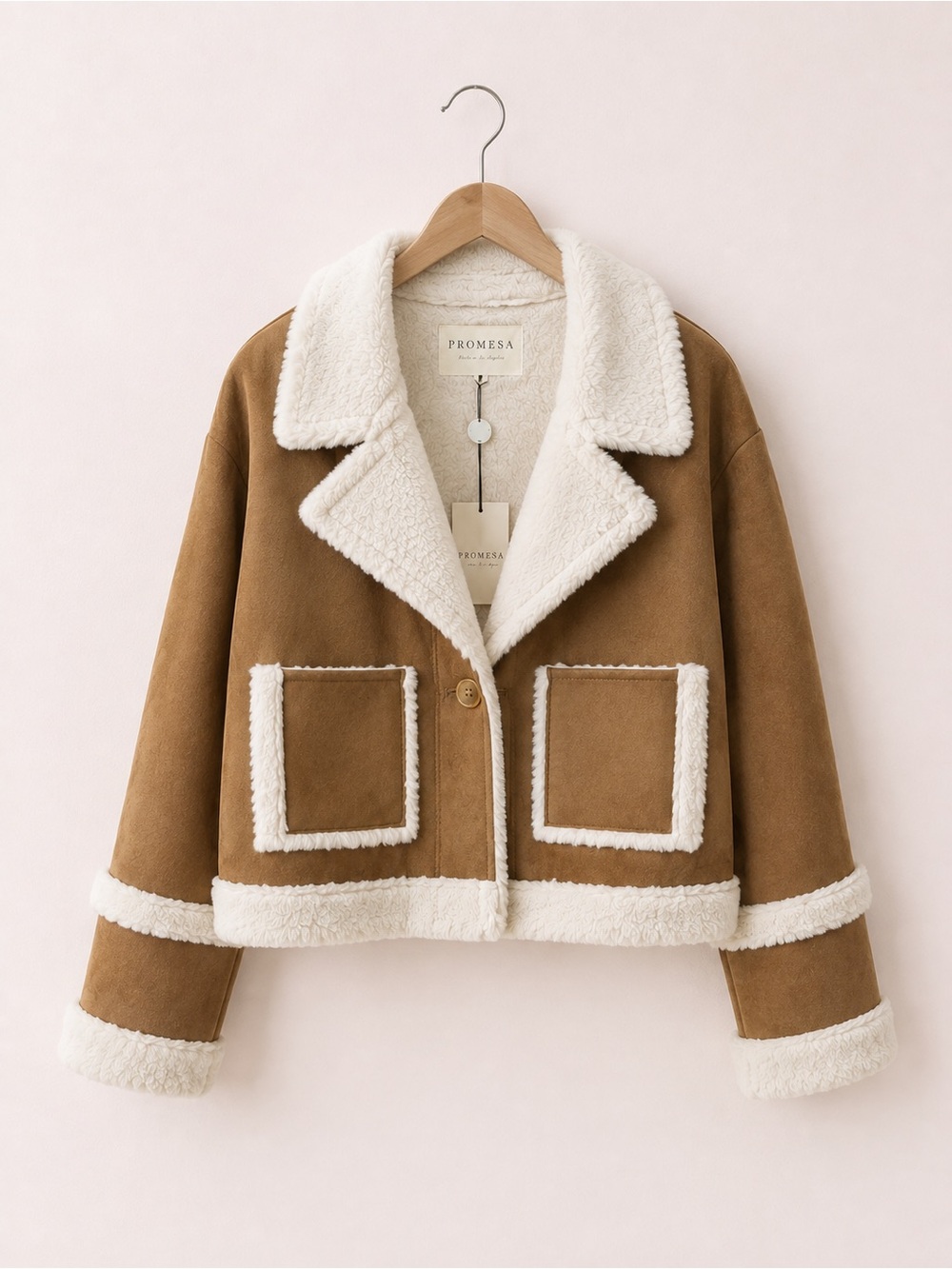 Promesa button-up faux suede jacket with faux shearling trim in tan/white